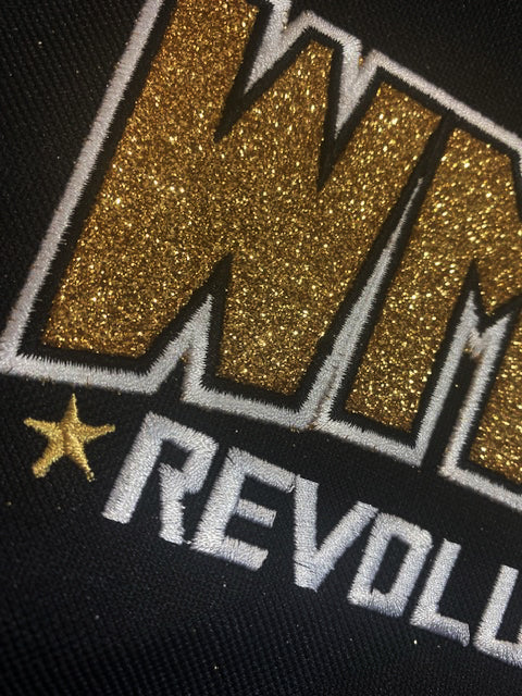 WMCC Black High 5 Backpack w/ WMCC Logo in Gold GLITTER Applique Embroidery on Front.