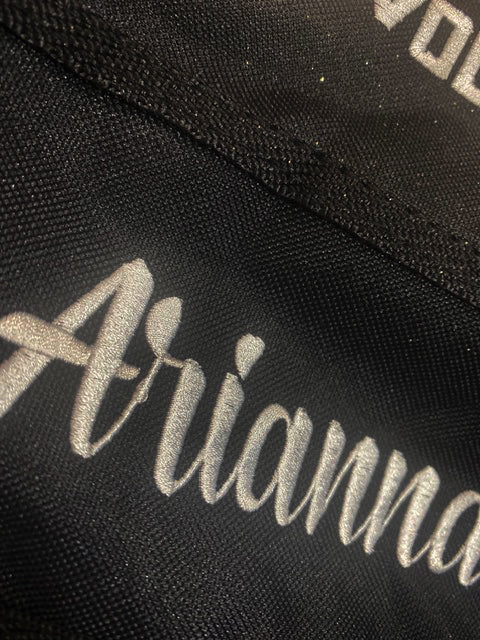 WMCC Black High 5 Backpack w/ WMCC Logo in Gold GLITTER Applique Embroidery on Front.