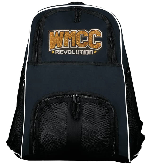 WMCC Black High 5 Backpack w/ WMCC Logo in Gold GLITTER Applique Embroidery on Front.