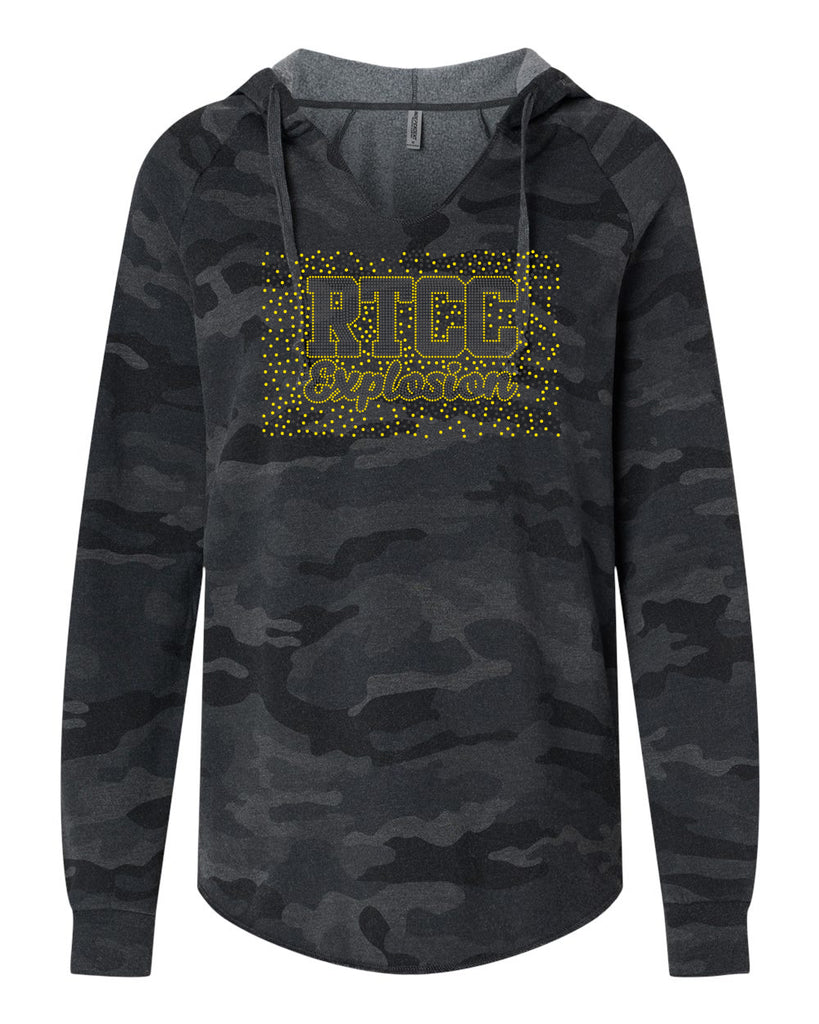RTCC -  ITC Women’s Lightweight Black Camo California Wave Wash Hooded Sweatshirt - PRM2500 w/ 2 Color SPANGLE Design on Front