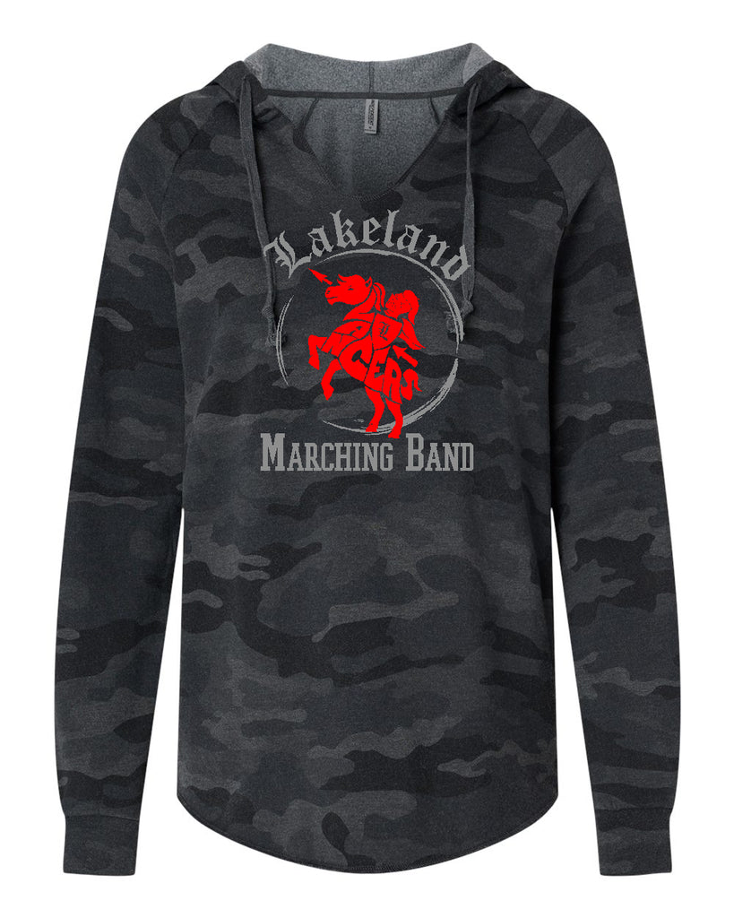Lakeland Marching Band ITC Women’s Lightweight Black Camo California Wave Wash Hooded Sweatshirt - PRM2500 w/ 2 Color LLMB24 Design on Front