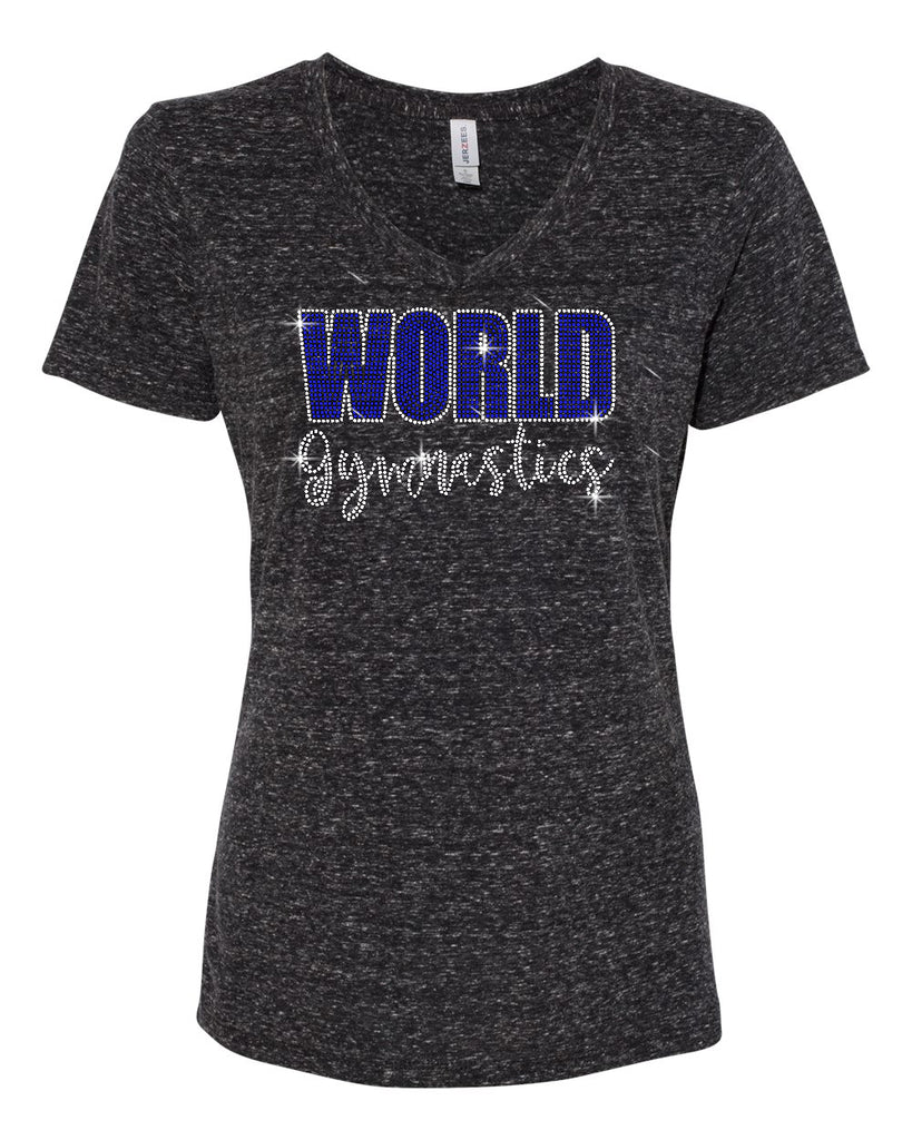World Gymnastics Black JERZEES - Women's Snow Heather Jersey V-Neck T-Shirt - 88WVR - w/ Spangle Design on Front