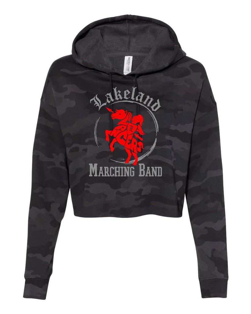 Lakeland Marching Band Black Camo ITC Women’s Lightweight Crop Hooded Sweatshirt - AFX64CRP w/ 2 Color LLMB24 Design on Front