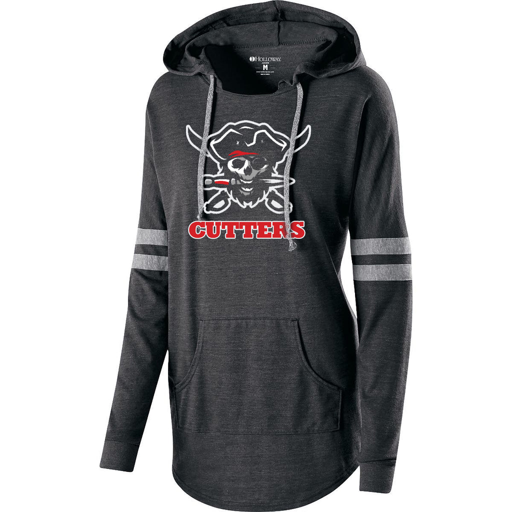 flfa black as ladies hooded low key pullover w/ flfa cutters cheer/football skull logo on front