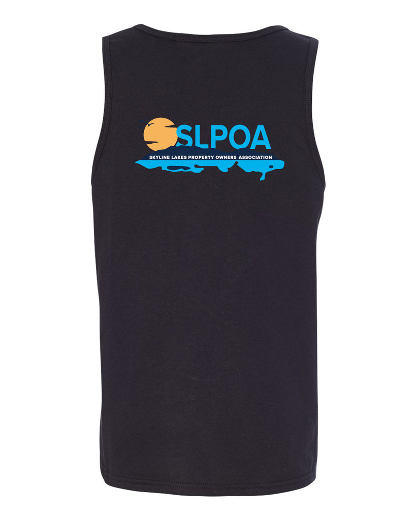 skyline lakes unisex tank top w/ shield logo front & slpoa logo on back