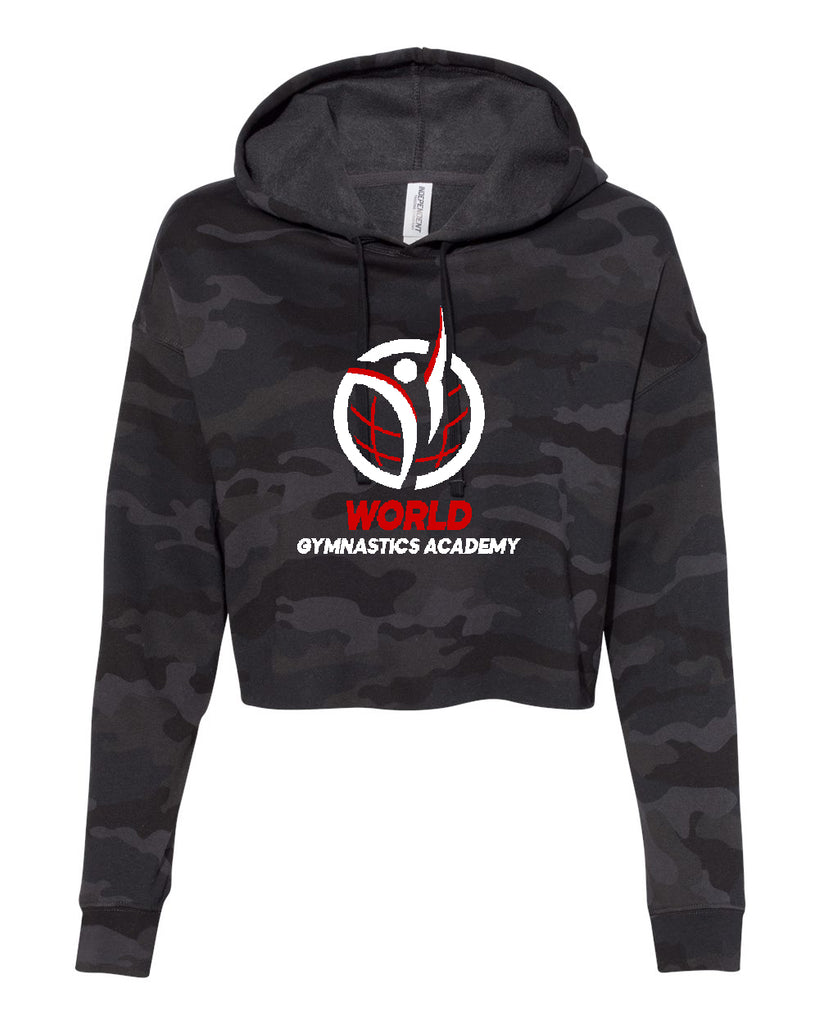 World Gymnastics Black Camo Women’s Lightweight Cropped Hooded Sweatshirt w/ 2 Color Design on Front
