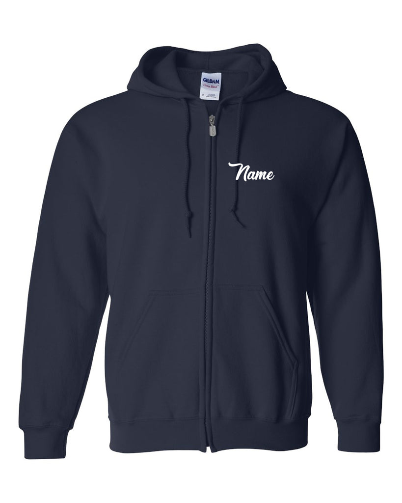 cheer army navy full zip heavy blend hoodie w/ ca nation on back in white and glitter columbia blue.