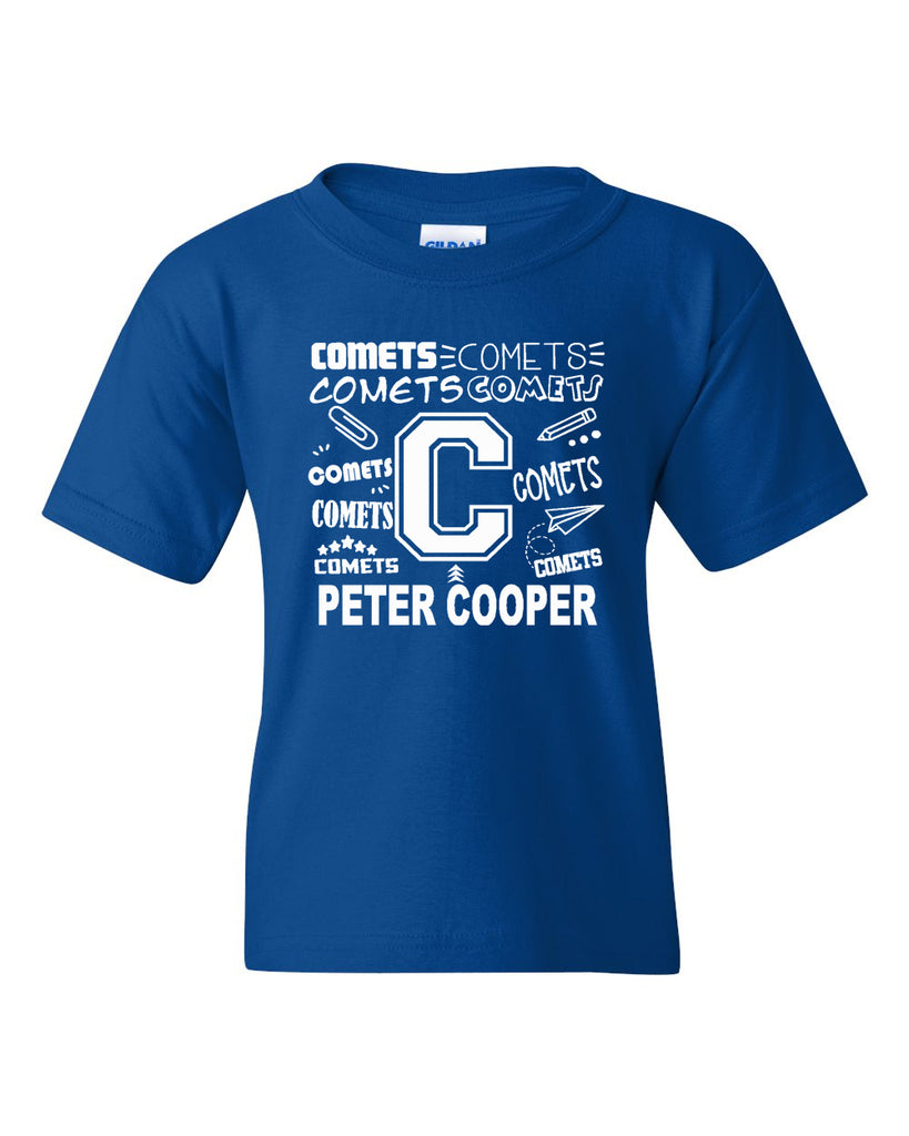 Peter Cooper Comets Royal Short Sleeve Tee w/ Doodle Design on Front