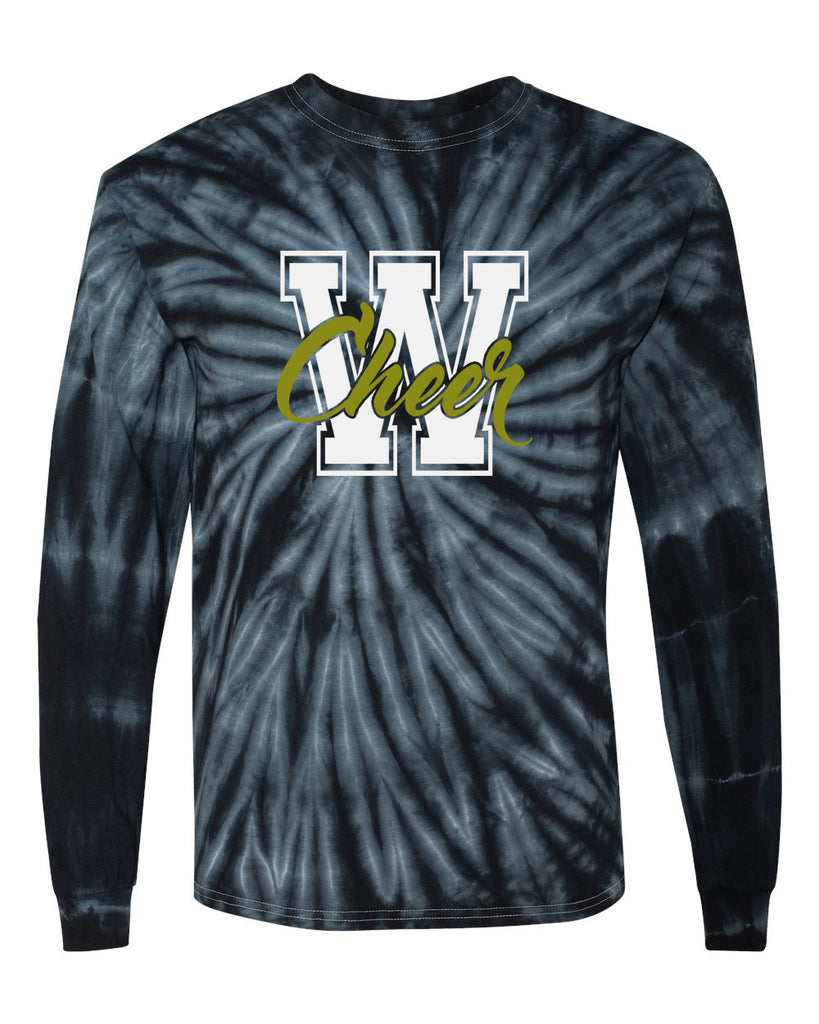 WANAQUE CHEER Cyclone Tye Dye Long Sleeve Tee w/ W-CHEER Logo on Front.