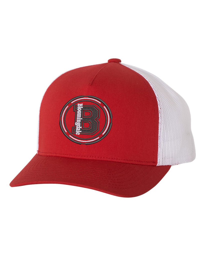 Bloomingdale PTA Red & White Five-Panel Retro Trucker Cap - 6506 w/ Bloom B Design Embroidered on Front.