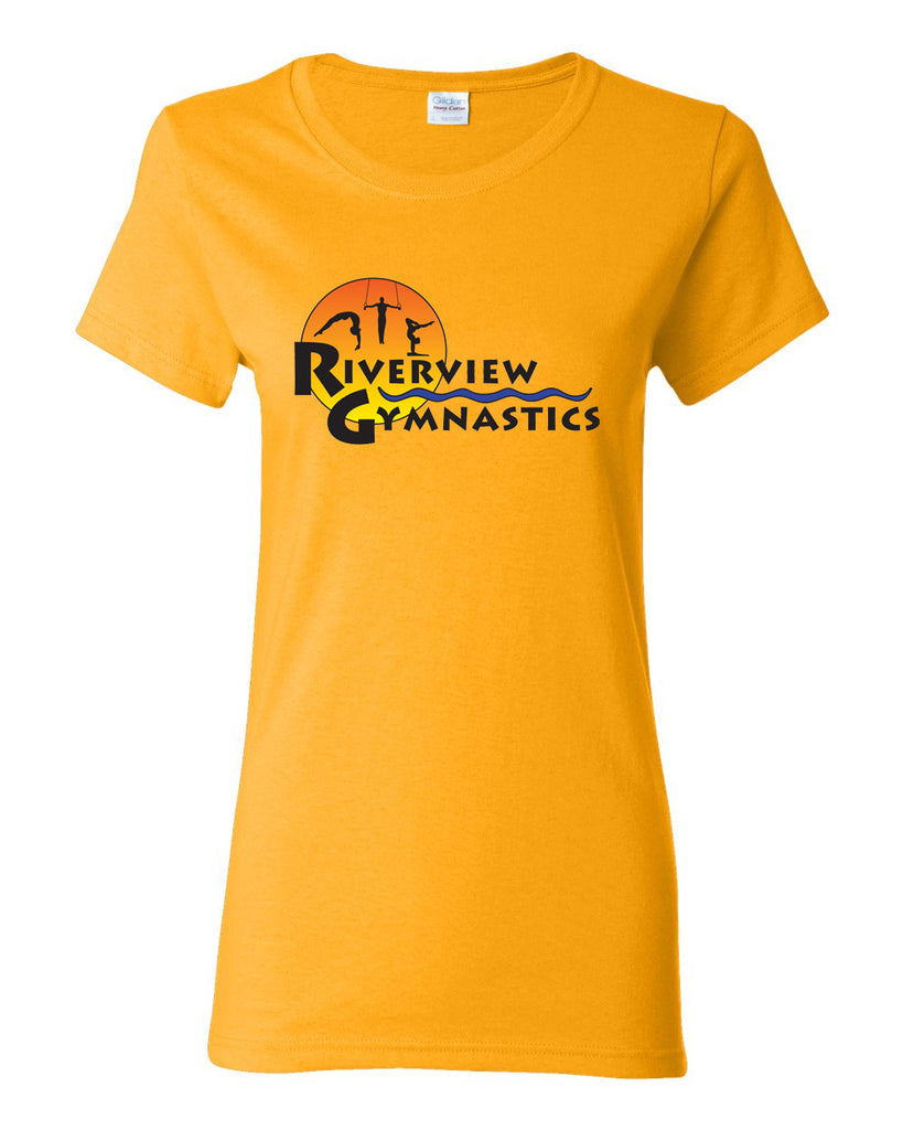 riverview gymnastics white short sleeve t-shirt w/ full color sun design on front.