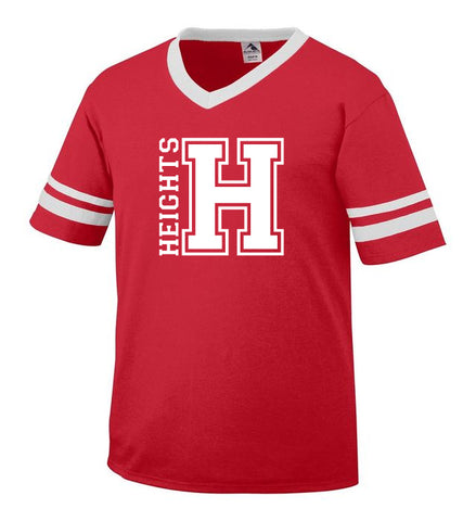 Heights Sport Gray Short Sleeve Tee w/ Heights Pride Design in Red on Front.