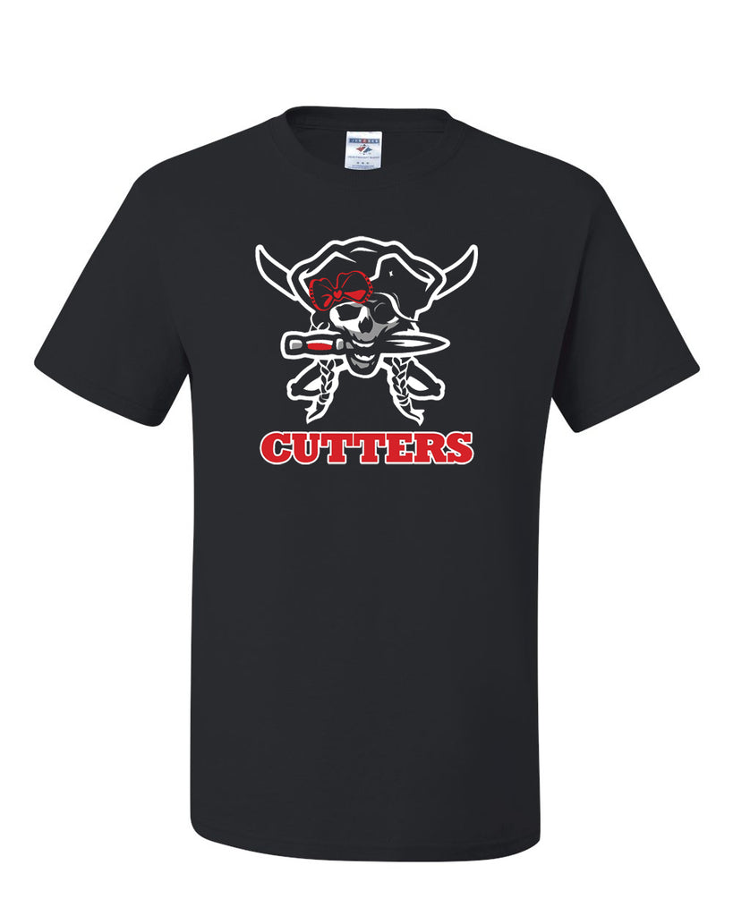 FLFA Black JERZEES - Dri-Power® 50/50 T-Shirt - 29MR w/ Cutters CHEER/FOOTBALL Pirate on Front