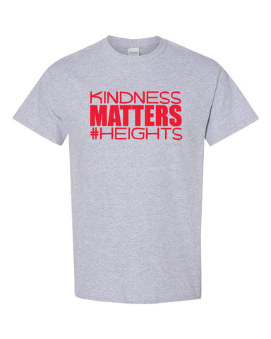 Heights Red Short Sleeve Tee w/ Kindness Matters Design in White on Front.