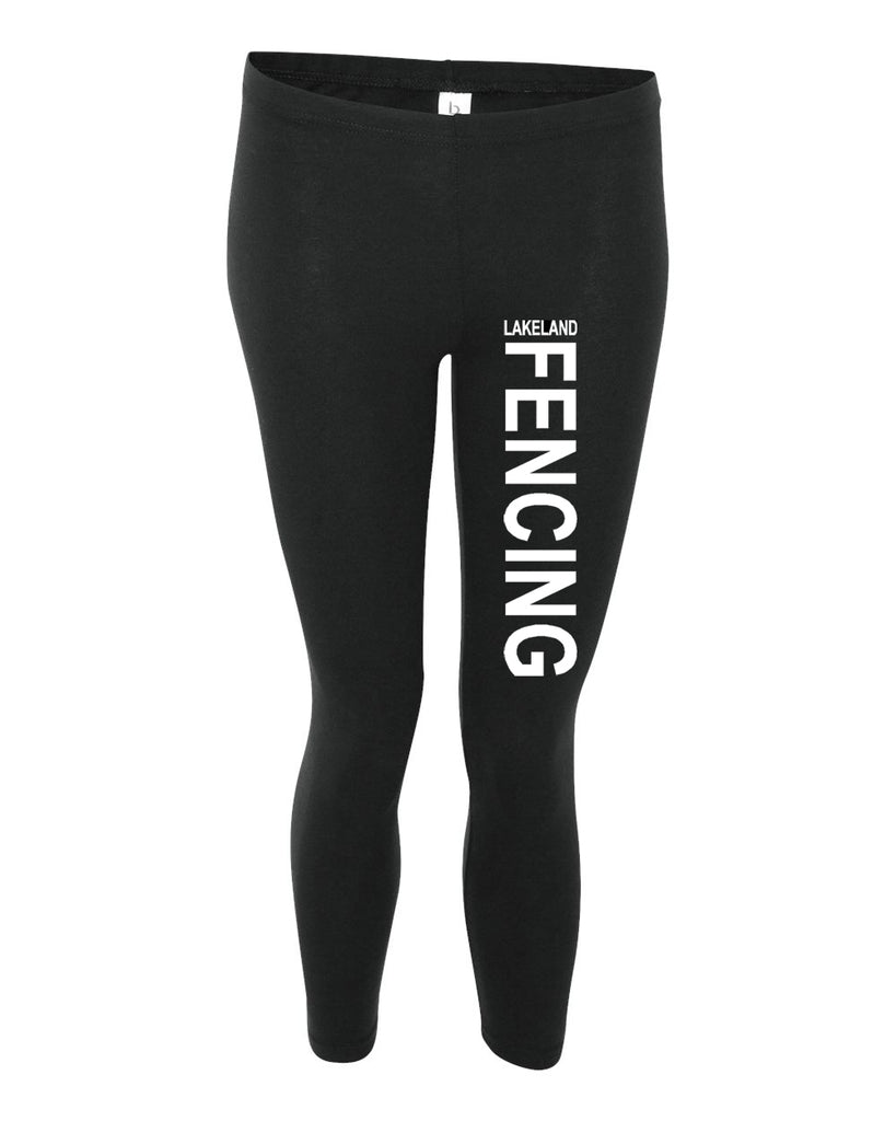 Lakeland Fencing Black Leggings w/ FENCING Design front of Left leg.