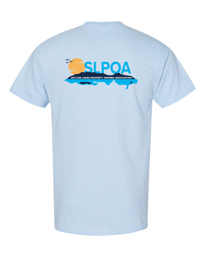 skyline lakes short sleeve tee w/ shield logo front & slpoa logo on back