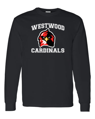 Westwood Cardinals Women's Ringer Striped Crew Long Sleeve T-Shirt - 5243 w/ Spangle Cardinal Bird Design