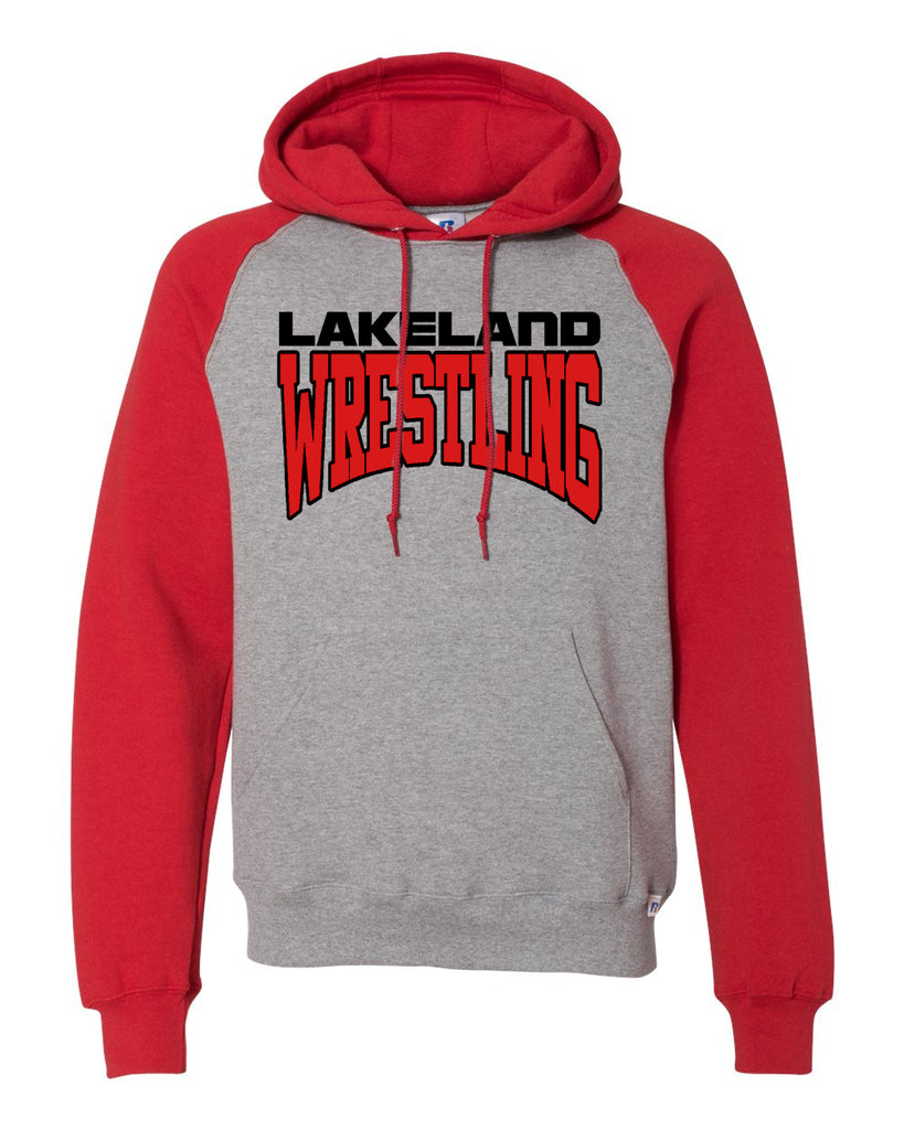 Lakeland Wrestling Raglan Hooded Sweatshirt w/ Lakeland Wrestling logo on Front.