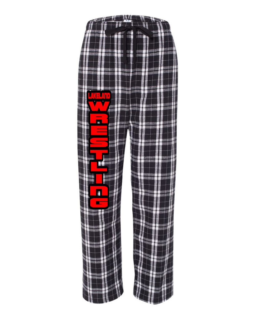 Lakeland Wrestling PJ Style Flannel Pants w/ Lakeland Wrestling Logo Down Front of Right Leg.