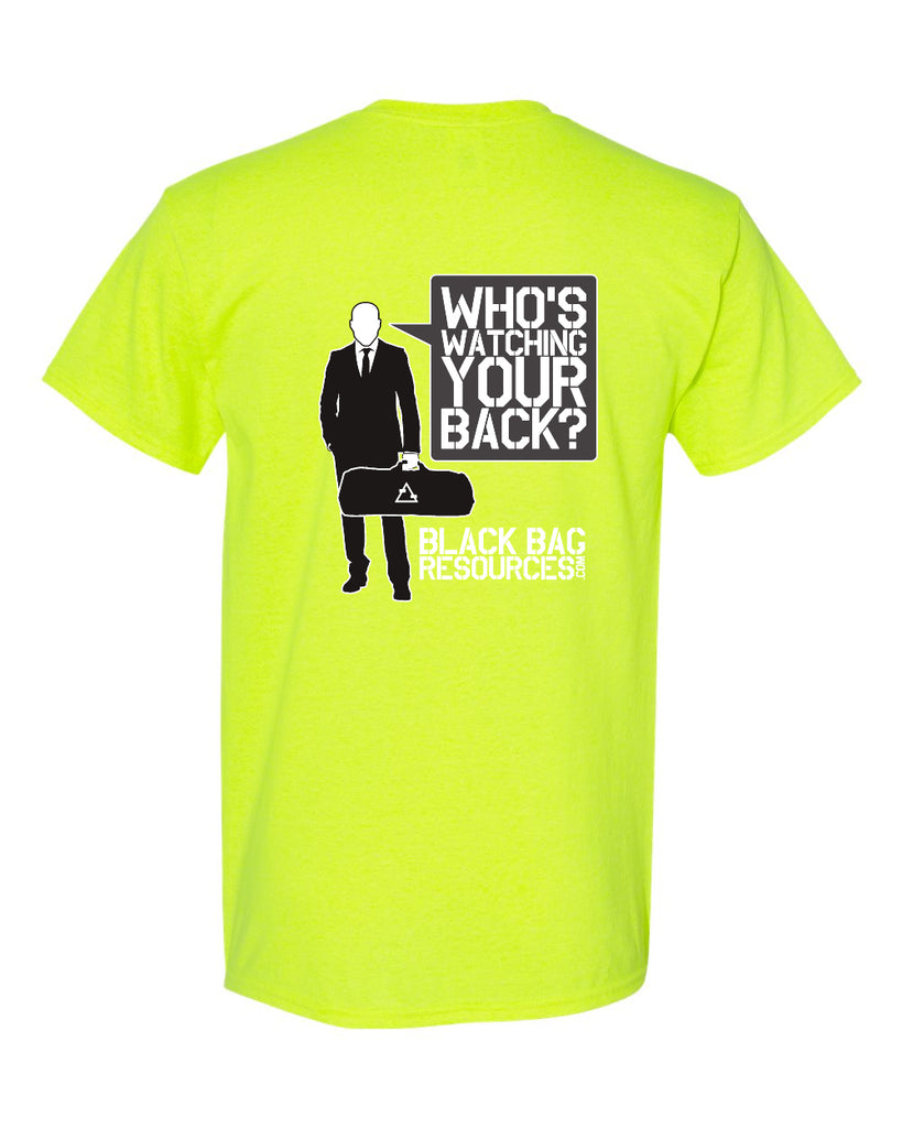 black bag resources - who's watching your back - 2 color printed graphic tee