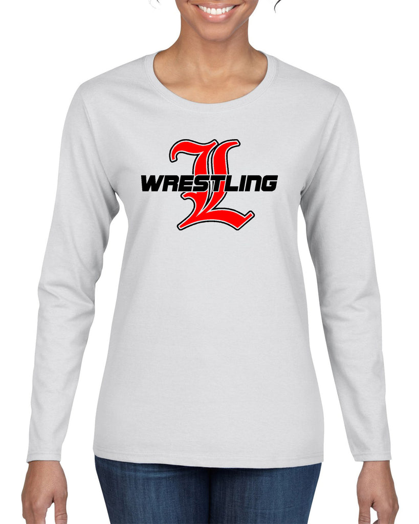 lakeland wrestling white heavy blend shirt w/ lakeland wrestling old english "l" logo on front.