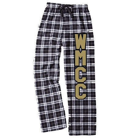 WMCC Black & White Flannel PJ Style Pants w/ Black & Gold Flat Print Logo down Leg.
