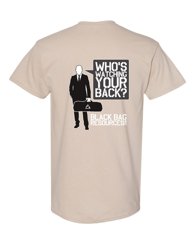 black bag resources - who's watching your back - 2 color printed graphic tee