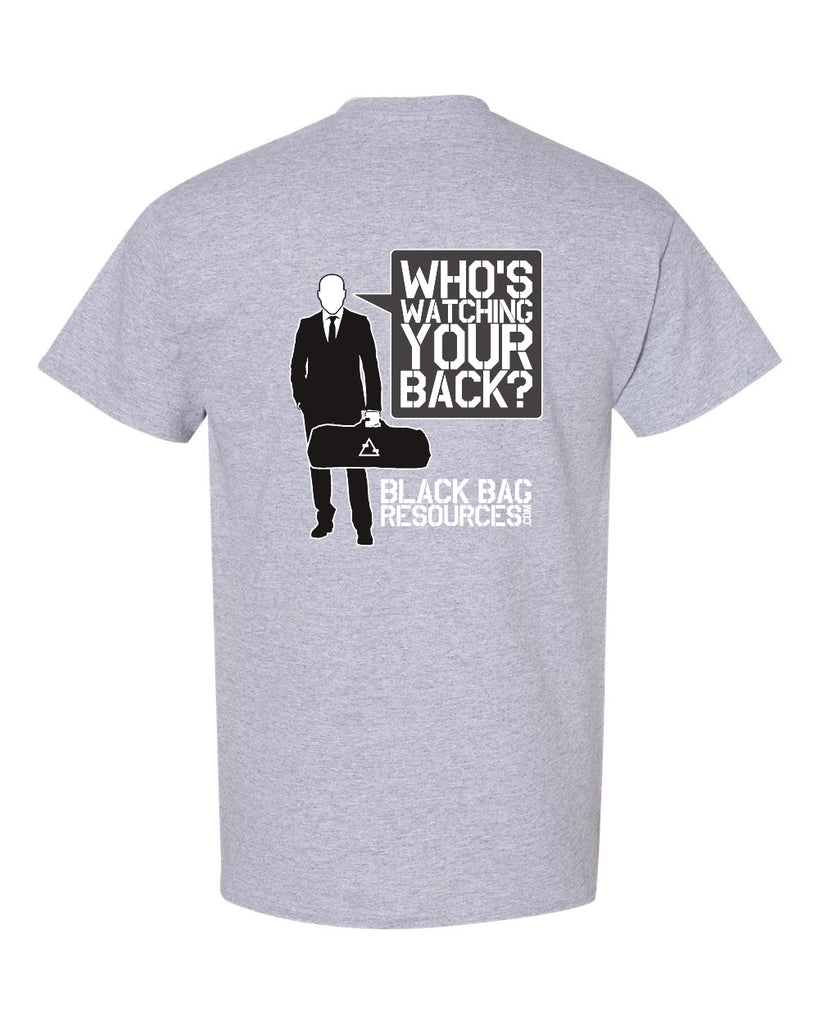 black bag resources - who's watching your back - 2 color printed graphic tee