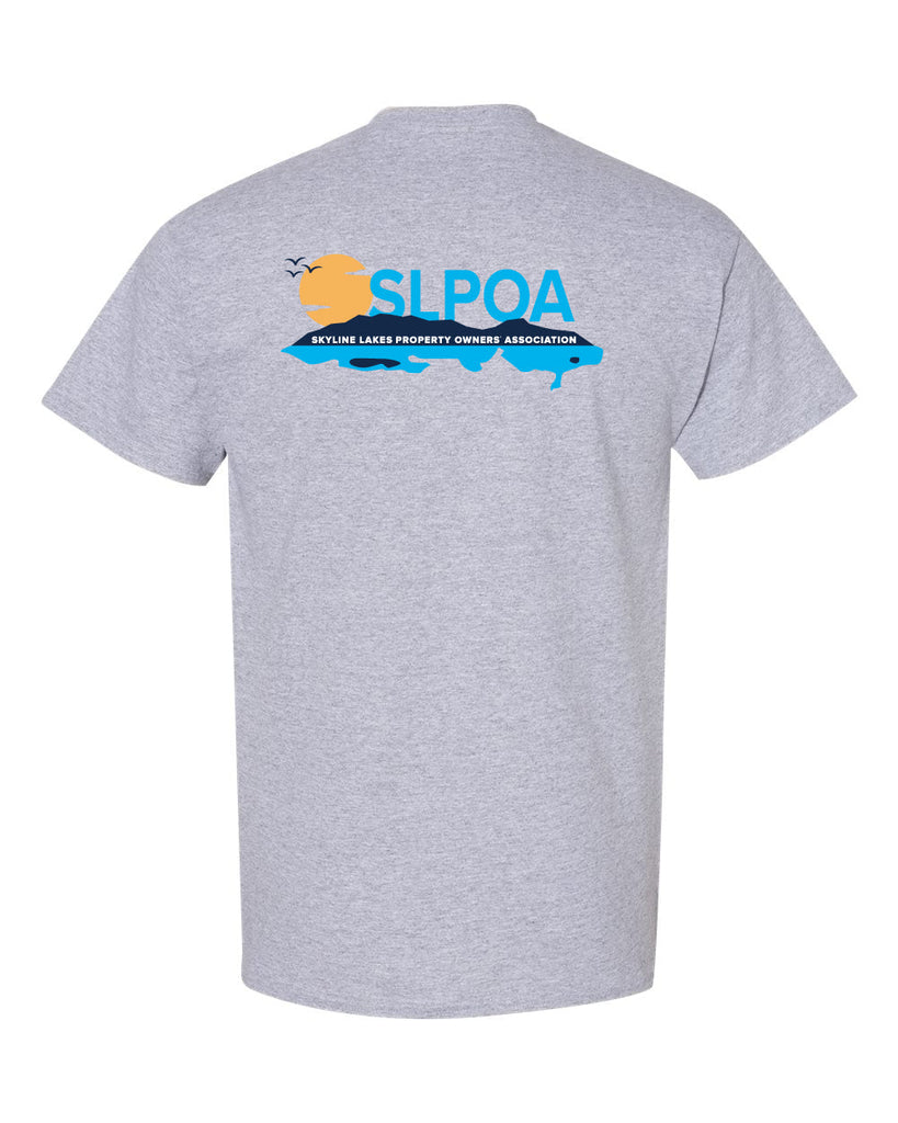 skyline lakes short sleeve tee w/ shield logo front & slpoa logo on back