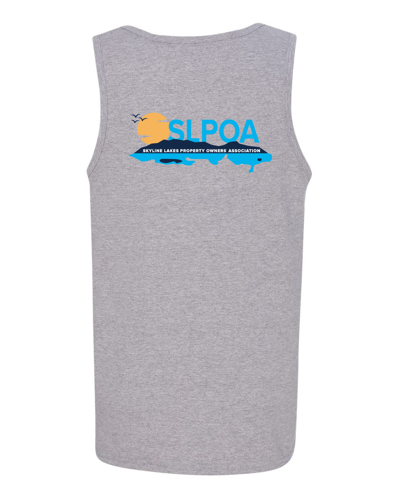 skyline lakes unisex tank top w/ shield logo front & slpoa logo on back