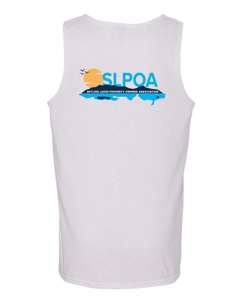 skyline lakes unisex tank top w/ shield logo front & slpoa logo on back