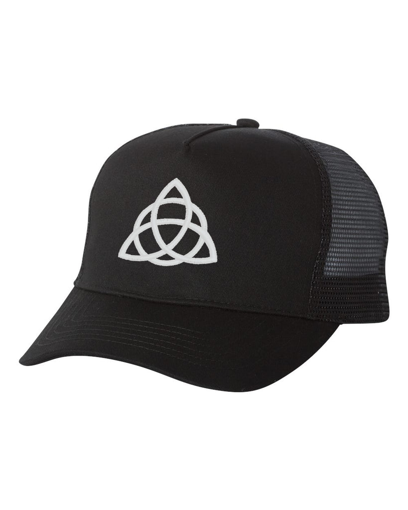 Celtic Knot Black Mesh-Back Trucker Cap - 6886 w/ White TRIQUETRA Design on Front