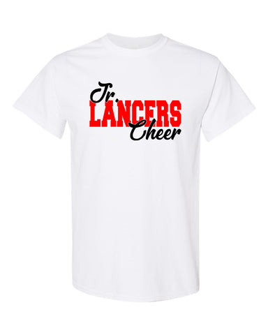 Jr Lancers Competition Cheer Heavy Cotton White Shirt w/ Megaphone 3 Color Design on Front.