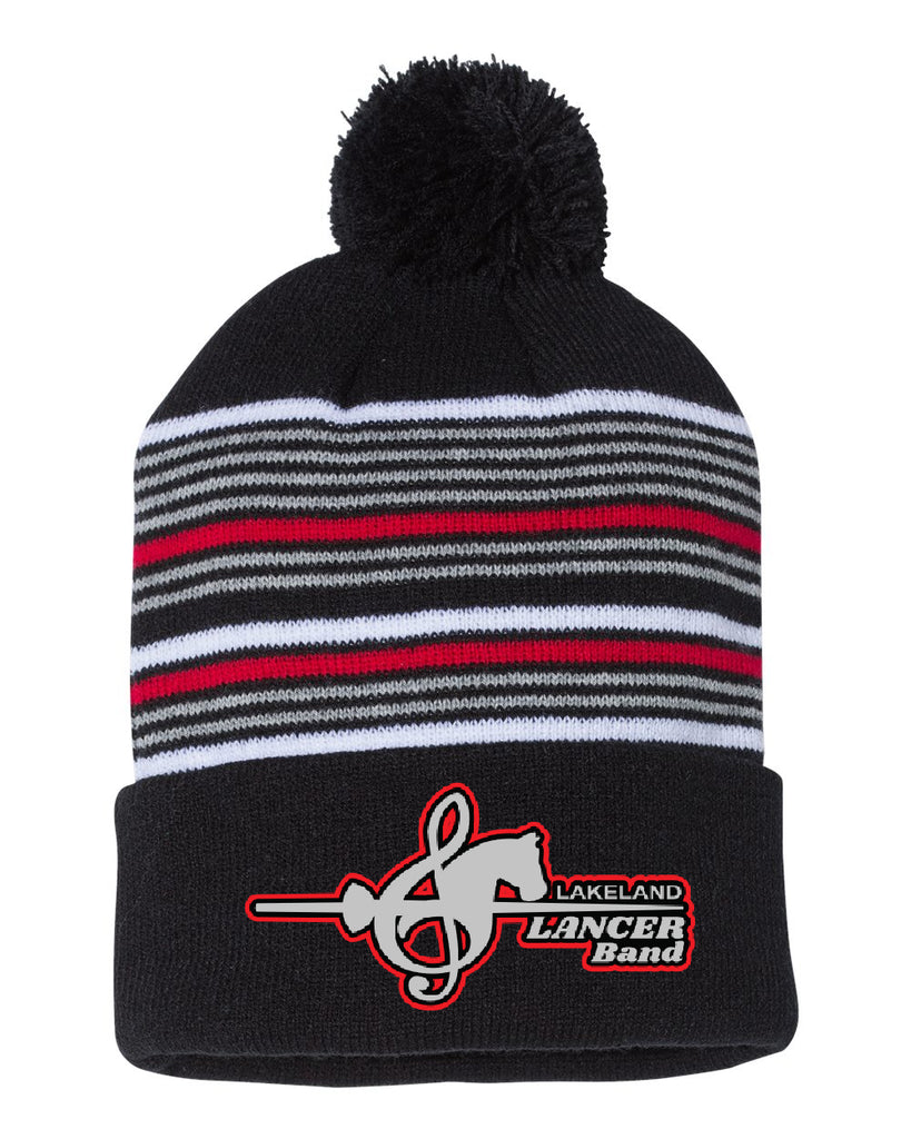 Lakeland Marching Band Blk/Wht/Gry/Red 12" Striped Pom-Pom Knit Beanie - SP60 w/ LanceNote Design on Front Cuff.