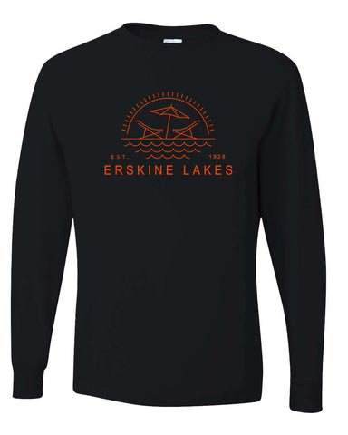 Erskine Lakes Black Zippered Drawstring Backpack - 8888 w/ EL24 Design on Front