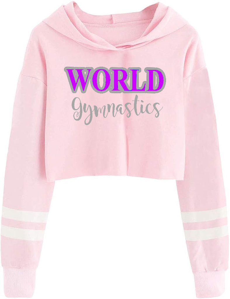 World Gymnastics Light Pink Bela Kids Crop Tops Girls Striped Long Sleeve Fashion Hoodie w/ 2 Color Stack Design