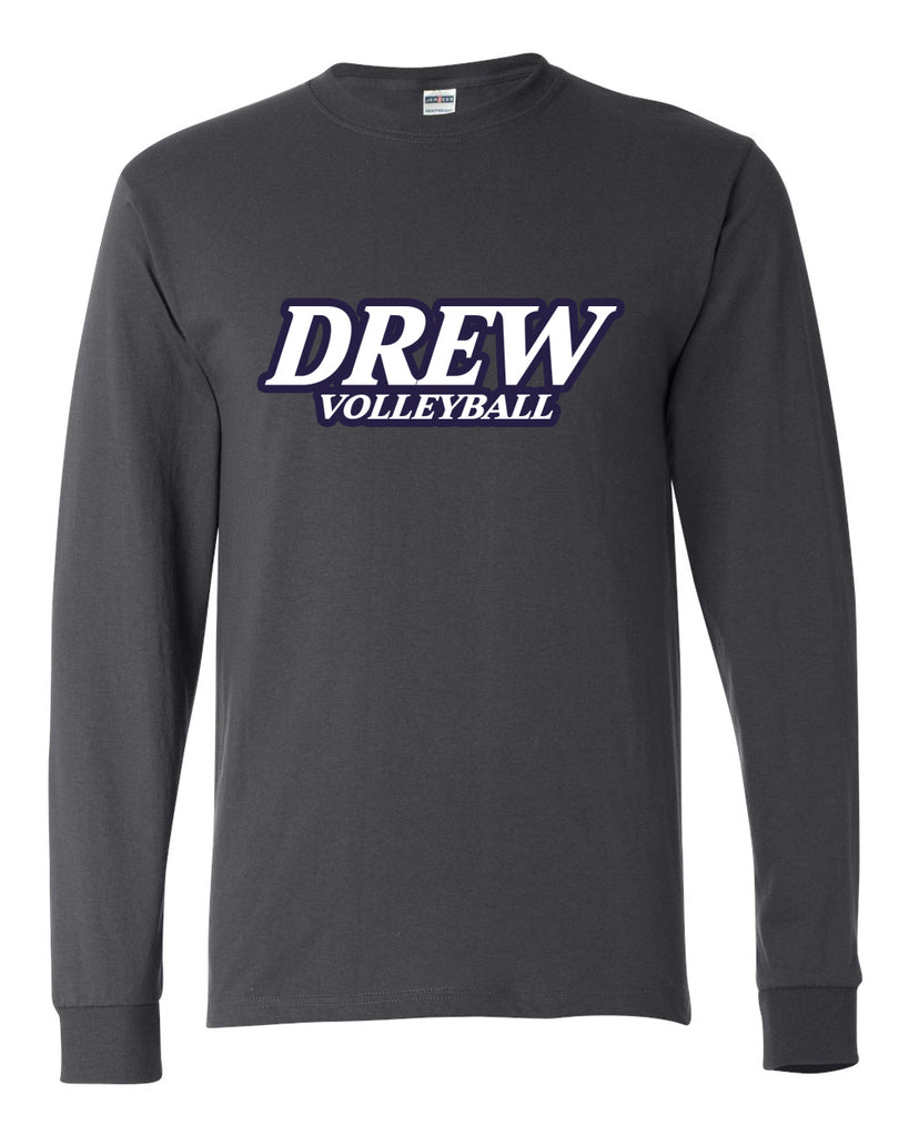 Drew Volleyball JERZEES - Dri-Power® Long Sleeve 50/50 T-Shirt - 29LSR w/ White & Navy V1 Design on Front.