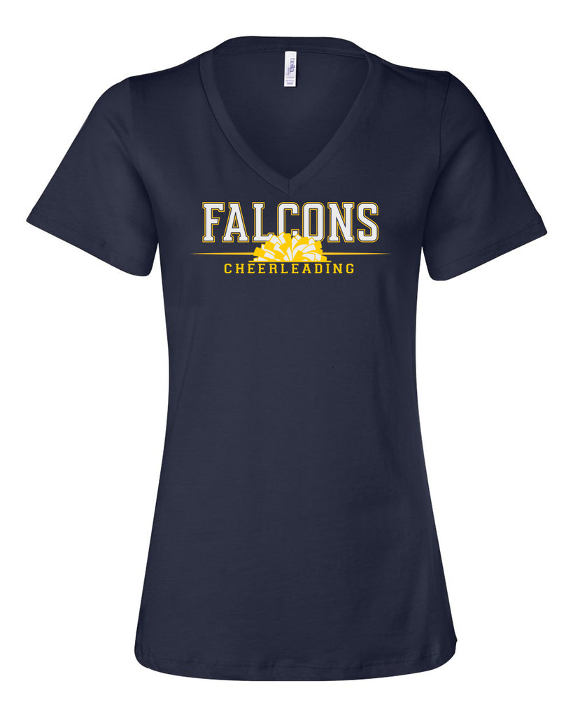 Jefferson Cheer Navy BC Jersey Tee - 3001 w/ Falcons Cheerleading Design on Front.