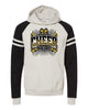 West Milford Cheerleading - Black/Oatmeal Varsity Colorblocked Raglan Hooded Sweatshirt - 97CR w/ Highlander Cheer 948 Design on Front.