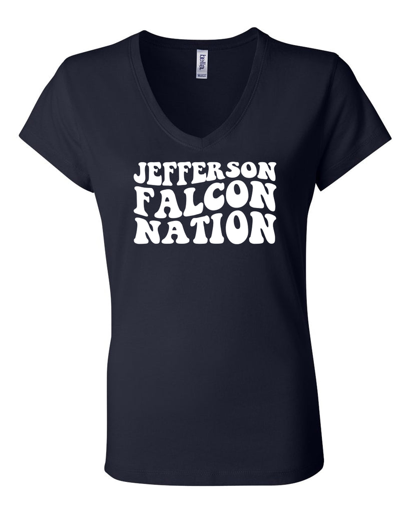 Jefferson Cheer Navy BC Jersey Tee - 3001 w/ Falcon Nation Design on Front.