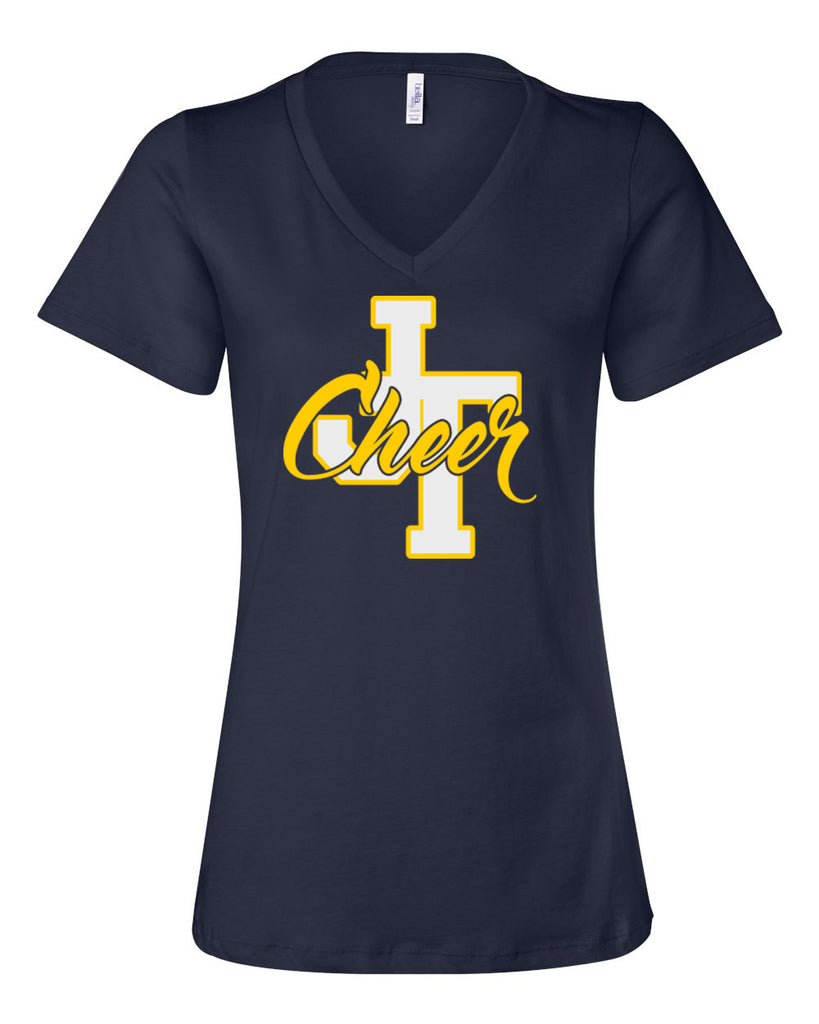 Jefferson Cheer Navy BC Jersey Tee - 3001 w/ JT Cheer Design on Front.