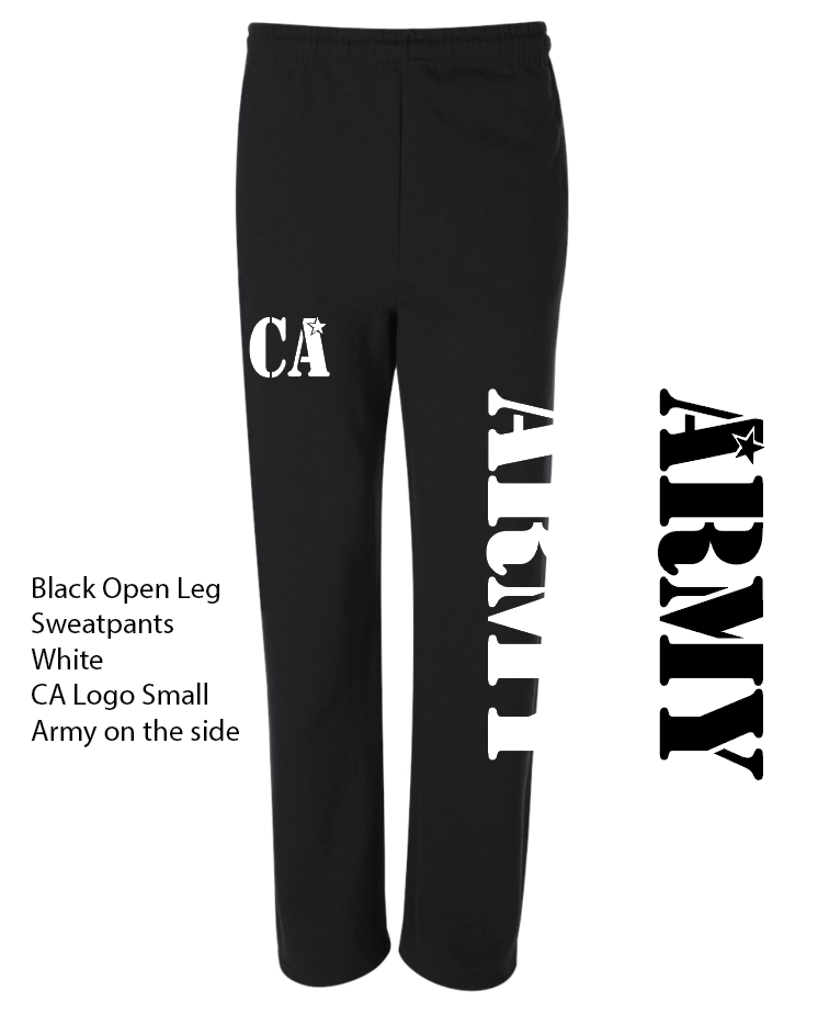 Cheer Army Black Open Bottom Sweat Pants w/ CA on Hip & ARMY Down Leg.