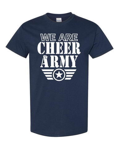 Cheer Army Black Short Sleeve Tee w/ Columbia Blue CHEER ARMY Stencil Logo on Front.