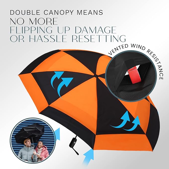 Erskine Lakes Double Canopy and 8 Ribs, Portable, Foldable Compact Lightweight Windproof Umbrella w/ ELPOA Design on One Panel