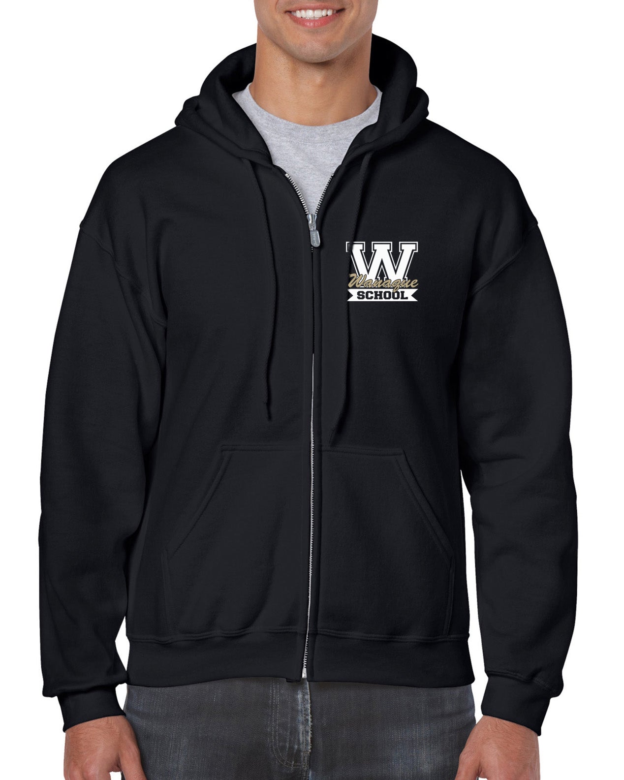 WANAQUE School Black Heavy Blend FULL-ZIP Hoodie w/ Small WANAQUE Scho ...