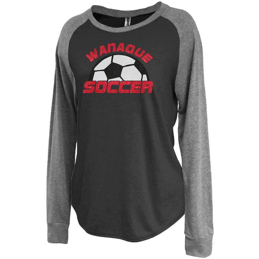 wanaque soccer jersey raglan crewneck long sleeve tee with large half ball logo on front in glitter