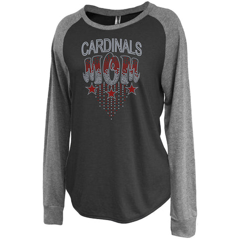 Westwood Cardinals Women's Ringer Striped Crew Long Sleeve T-Shirt - 5243  w/ Spangle Cardinal Bird Design