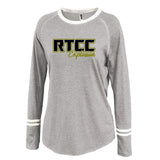 rtcc gray ringer stripe crew shirt w/ rtcc 2 color logo design on front.