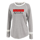 riverview gymnastics ringer stripe crew shirt w/ 2 color design on front.