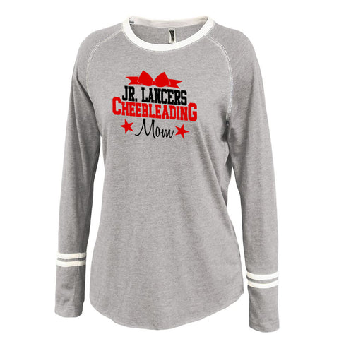 Jr Lancers Competition Cheer Black Jersey Raglan Crewneck Shirt w/ 2 color Cheerleader Design on Front.